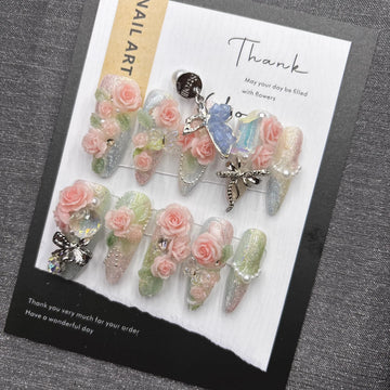 Qfdian Sweet Floral Press On Nails Pink Rose Butterfly Fake Nails For Women Elegant Pearl Rhinestone Party Nails Glamorous Reusable